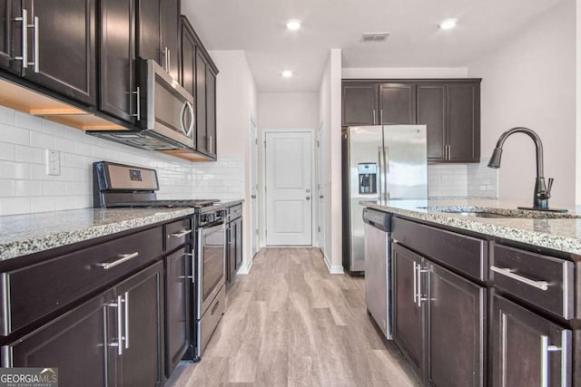 kitchen with decorative backsplash, light hardwood / wood-style floors, sink, and stainless steel appliances