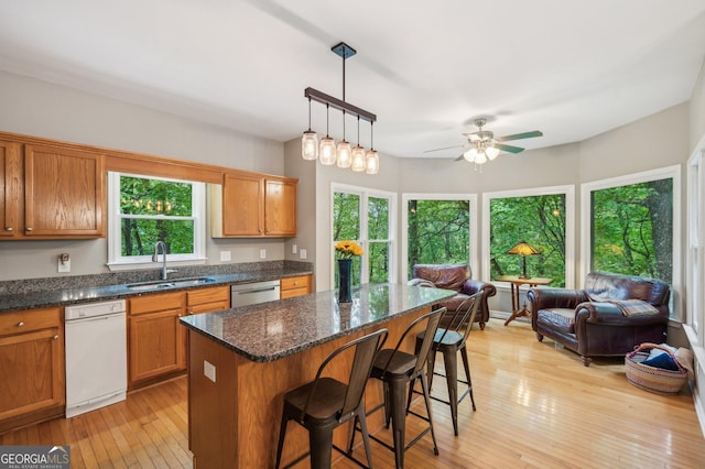 kitchen featuring dishwasher, sink, plenty of natural light, and light hardwood / wood-style flooring