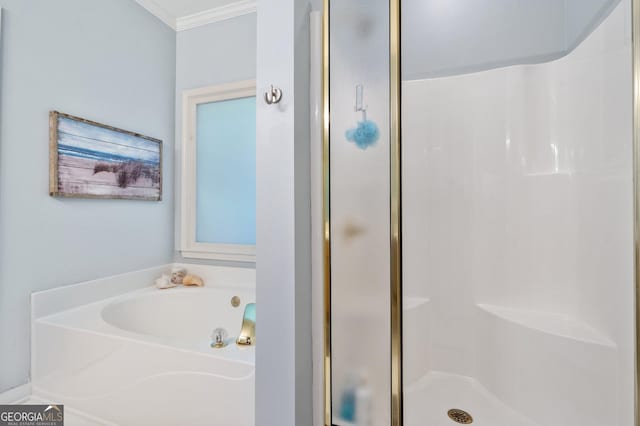 bathroom with separate shower and tub and ornamental molding