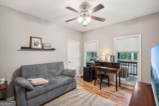 office space with ceiling fan and light hardwood / wood-style flooring