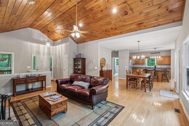 living room with ceiling fan with notable chandelier, light wood-type flooring, high vaulted ceiling, and wood ceiling