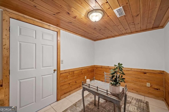 tiled office space with wooden walls and wooden ceiling