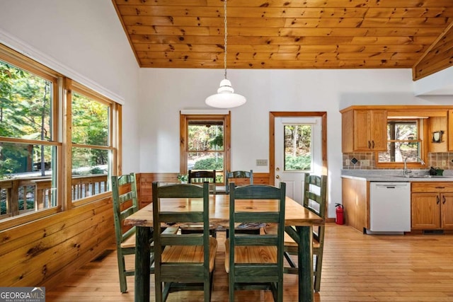 dining space featuring sink, light wood-type flooring, lofted ceiling, and wood ceiling