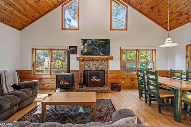 living room featuring wooden ceiling, high vaulted ceiling, and wooden walls