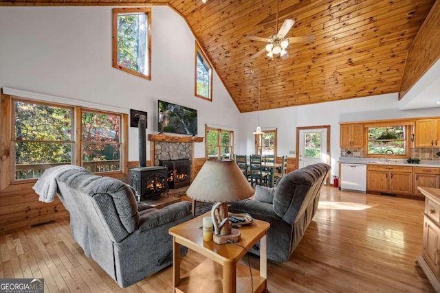 living room featuring high vaulted ceiling, a wood stove, ceiling fan, and light hardwood / wood-style floors