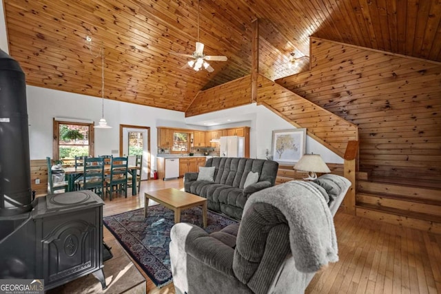 living room with light wood-type flooring, high vaulted ceiling, a wood stove, and wooden ceiling