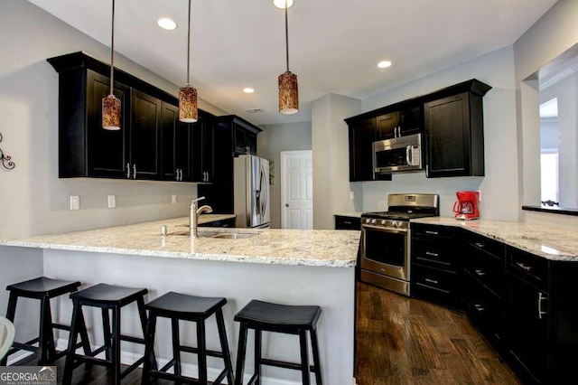 kitchen with kitchen peninsula, appliances with stainless steel finishes, hanging light fixtures, and sink