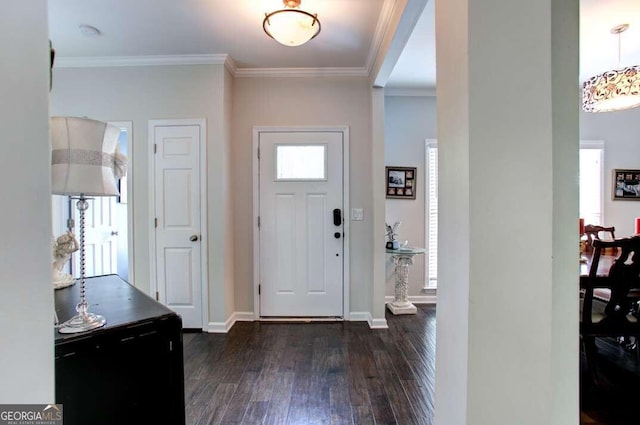 foyer entrance with crown molding, plenty of natural light, and dark wood-type flooring