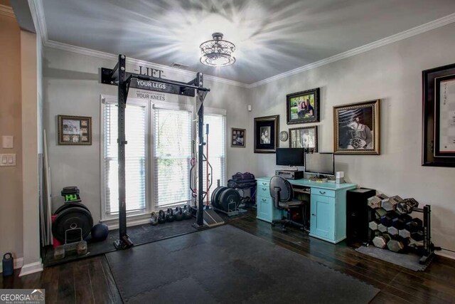 exercise room with dark hardwood / wood-style floors and ornamental molding