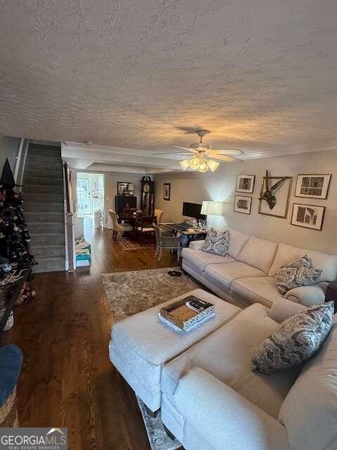 living room with ceiling fan, dark hardwood / wood-style flooring, and a textured ceiling