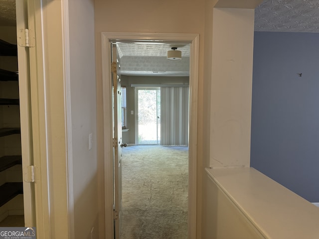 hallway with carpet flooring and a textured ceiling