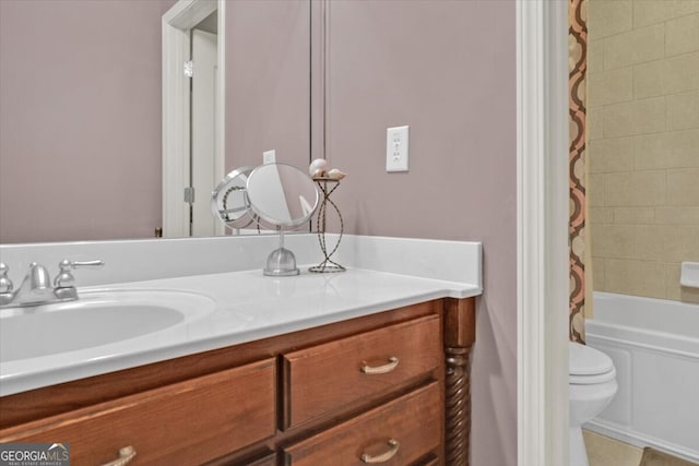 full bathroom with tile patterned flooring, vanity, toilet, and shower / tub combo with curtain