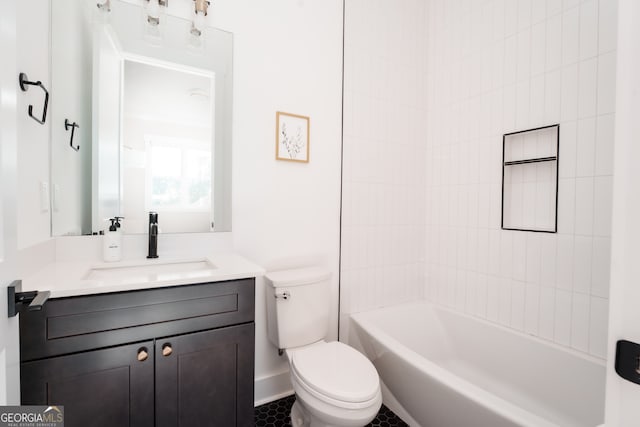 full bathroom with tile patterned flooring, vanity, bathtub / shower combination, and toilet