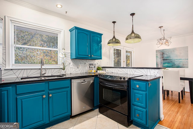 kitchen with dishwasher, black electric range oven, blue cabinets, and a healthy amount of sunlight