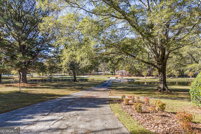 view of street with a water view