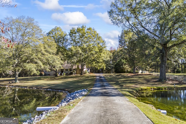 view of street with a water view