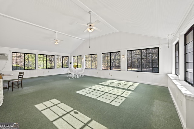 unfurnished sunroom featuring a wall mounted AC, ceiling fan, and lofted ceiling