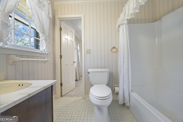 full bathroom with tile patterned floors, vanity, shower / bath combination with curtain, and toilet