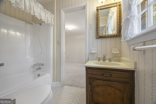 full bathroom featuring bathtub / shower combination, vanity, tile patterned floors, and toilet