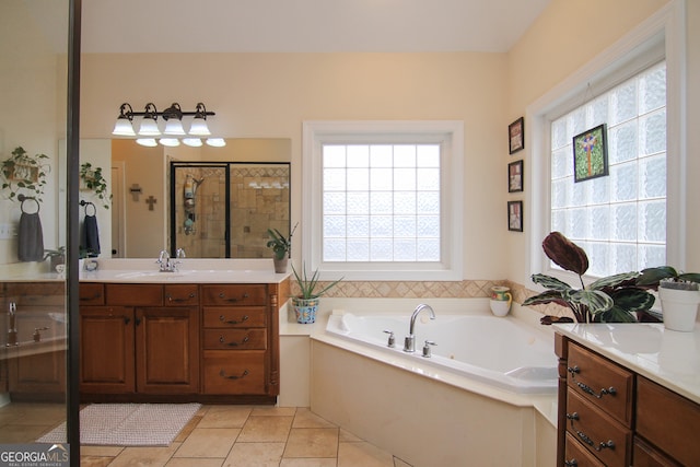 bathroom featuring vanity and plus walk in shower