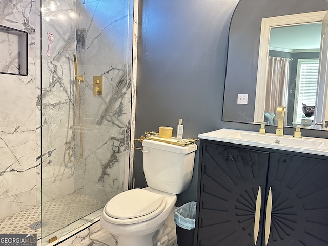 bathroom featuring crown molding, vanity, an enclosed shower, and toilet