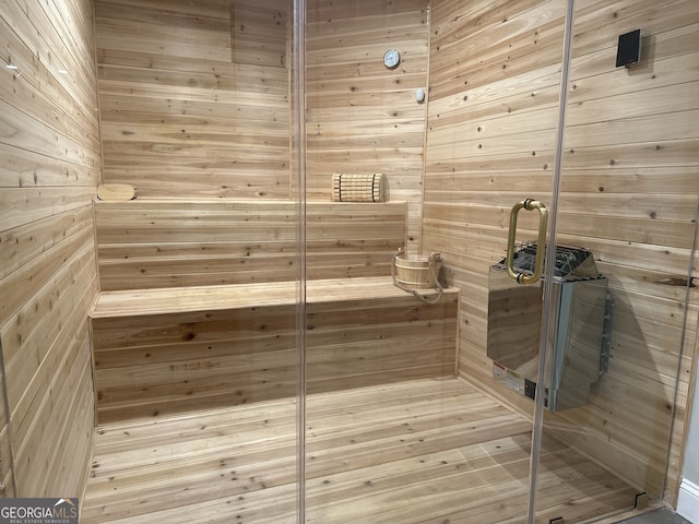 view of sauna with wood-type flooring