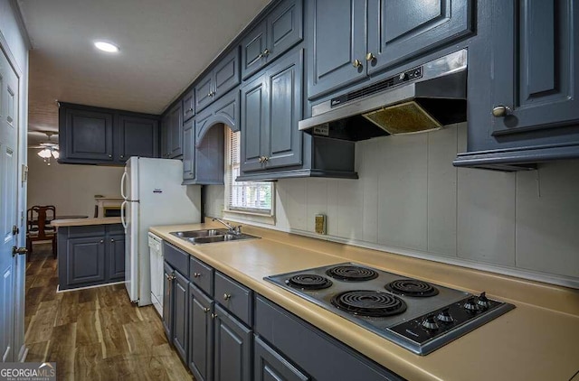 kitchen with stainless steel stovetop, sink, dishwasher, and dark hardwood / wood-style floors