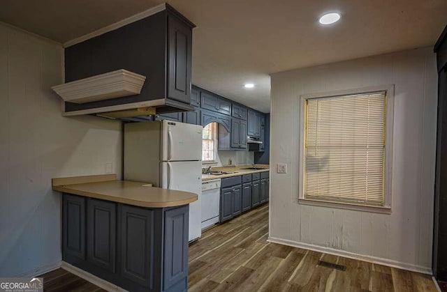 kitchen featuring white appliances, gray cabinets, dark wood-type flooring, and sink