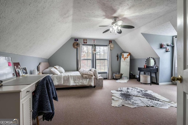 carpeted bedroom featuring ceiling fan, lofted ceiling, and a textured ceiling