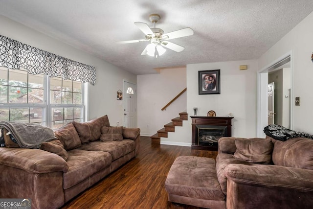 living room featuring ceiling fan, dark hardwood / wood-style flooring, and a textured ceiling