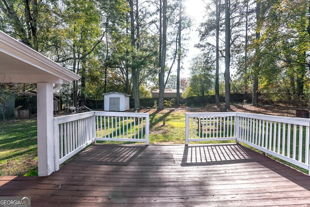 1396 Gale Dr, Norcross, GA 30093 - wooden deck featuring a shed, a fenced backyard, and view of scattered trees