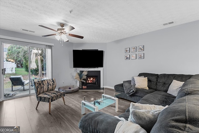 living room featuring hardwood / wood-style floors, a textured ceiling, and ceiling fan