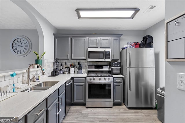 kitchen featuring appliances with stainless steel finishes, light wood-type flooring, and gray cabinets