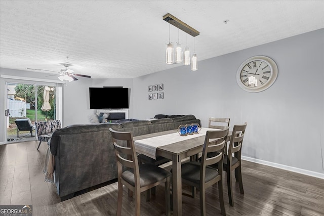 dining room featuring ceiling fan, dark hardwood / wood-style flooring, and a textured ceiling