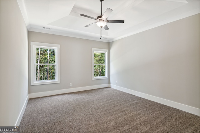 spare room with carpet flooring, a raised ceiling, ceiling fan, and crown molding