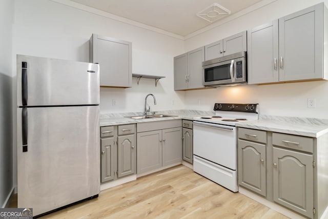 kitchen with gray cabinets, sink, stainless steel appliances, and light hardwood / wood-style flooring