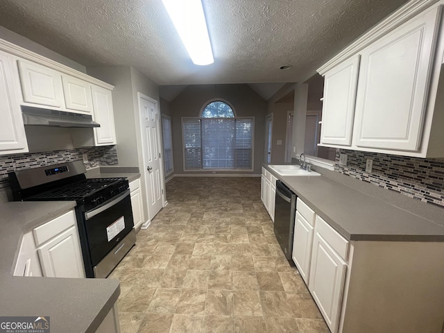334 Royal Crescent Way, Stockbridge, GA 30281 - kitchen featuring appliances with stainless steel finishes, under cabinet range hood, a sink, a textured ceiling, and white cabinetry