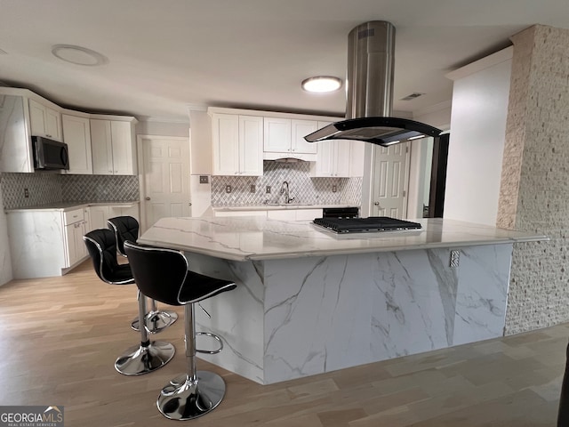 kitchen with white cabinets, island exhaust hood, stainless steel appliances, and light hardwood / wood-style flooring