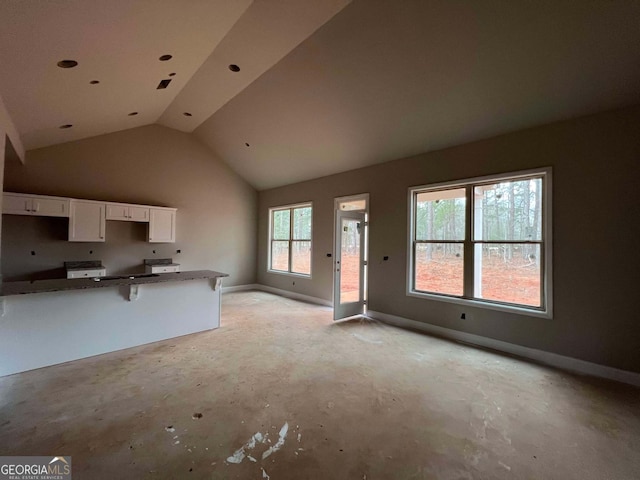 unfurnished living room featuring lofted ceiling