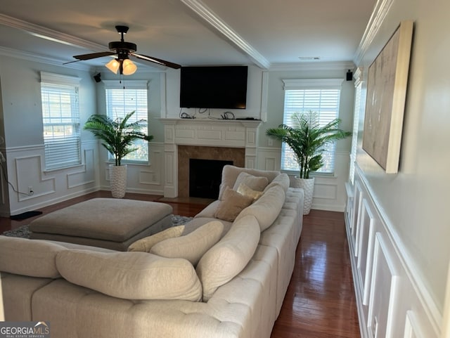 living room with ornamental molding, dark wood-type flooring, and a healthy amount of sunlight