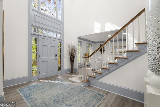 entryway with plenty of natural light, a towering ceiling, and hardwood / wood-style floors