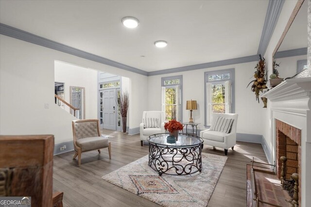 living room featuring a fireplace, crown molding, and wood-type flooring