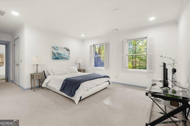 carpeted bedroom featuring ornamental molding