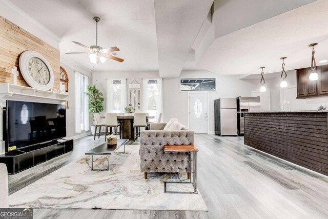 dining space featuring ceiling fan, ornamental molding, and light hardwood / wood-style flooring