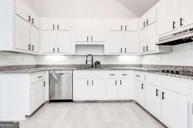 kitchen featuring white cabinetry, sink, dishwasher, black electric stovetop, and decorative backsplash