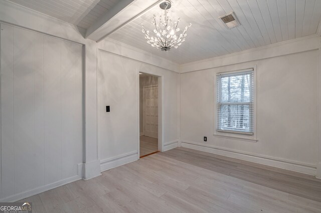 unfurnished bedroom featuring visible vents, wood finished floors, wooden ceiling, and a chandelier