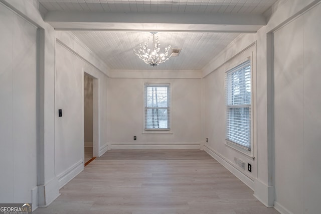 unfurnished dining area featuring light wood-style flooring, beam ceiling, baseboards, and a chandelier