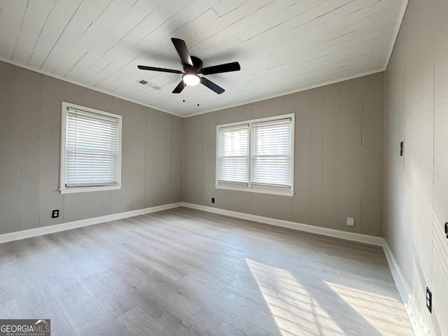 unfurnished room featuring visible vents, baseboards, ceiling fan, and light wood finished floors