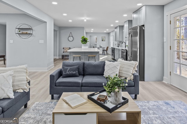 living room featuring sink and light hardwood / wood-style floors