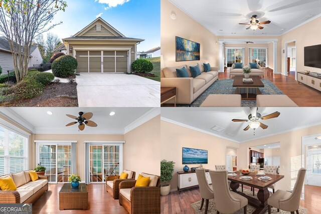 kitchen with ceiling fan, sink, stainless steel appliances, light stone counters, and ornamental molding